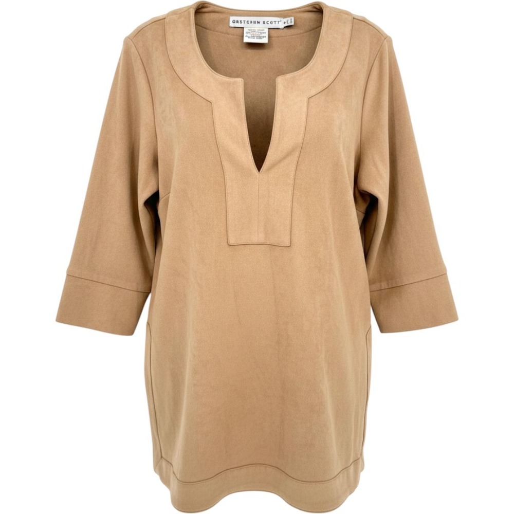 Gretchen Scott Ultra Suede Tunic Women Small Tan 3/4 Sleeve Luxury Minimalist‎